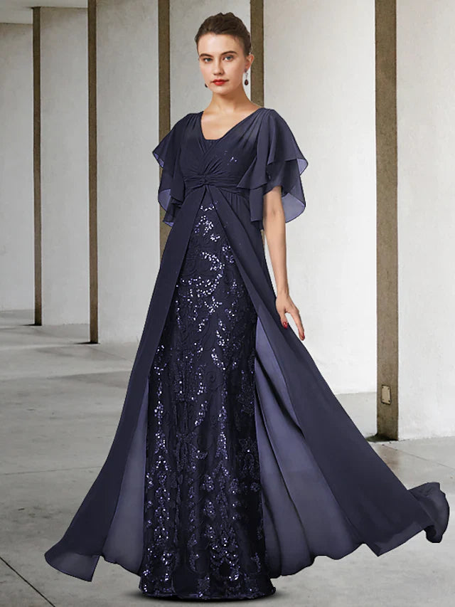 Wholesale Mother of the Bride Dress Elegant V Neck Floor Length Lace Sequined Short Sleeve with Appliques